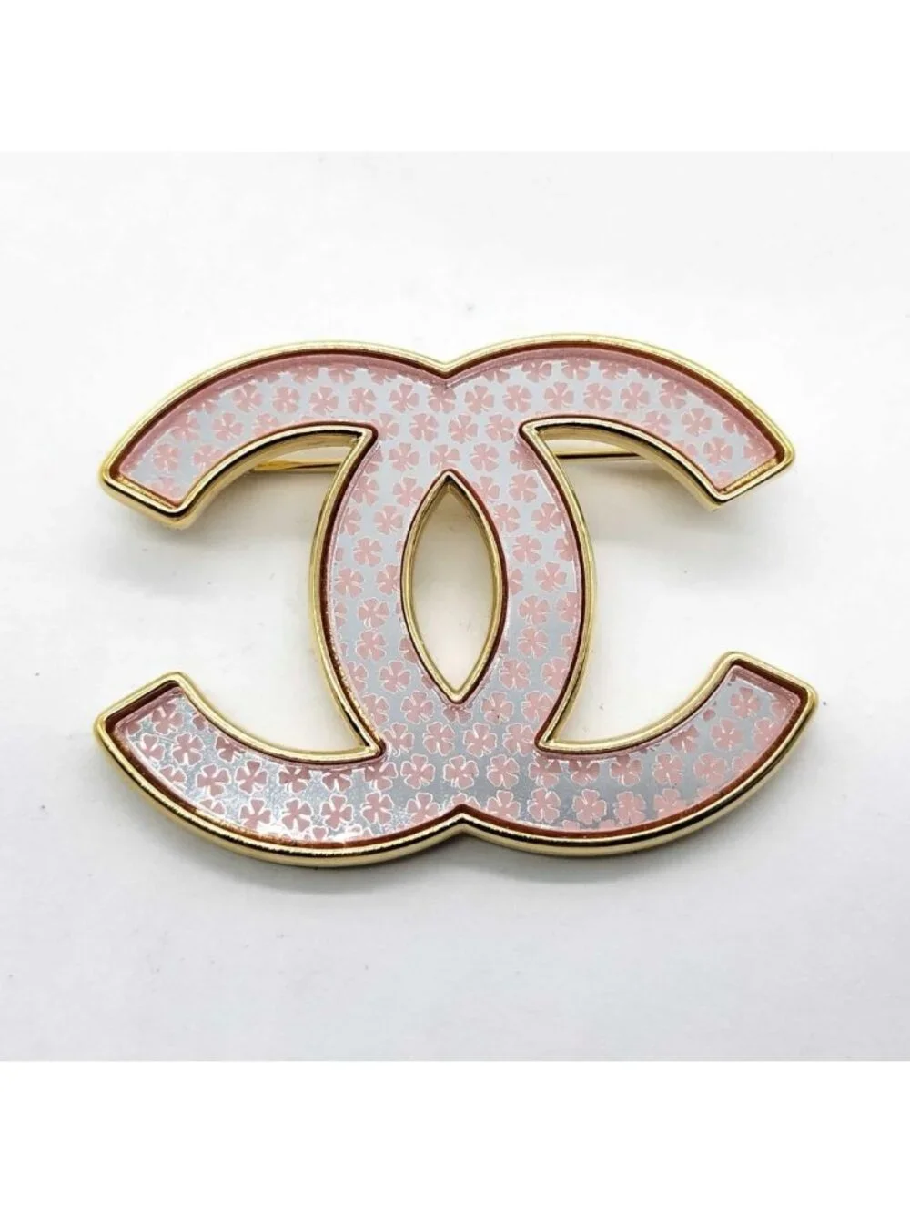 Chanel CC Logo Brooch Gold Pink Clover Pin